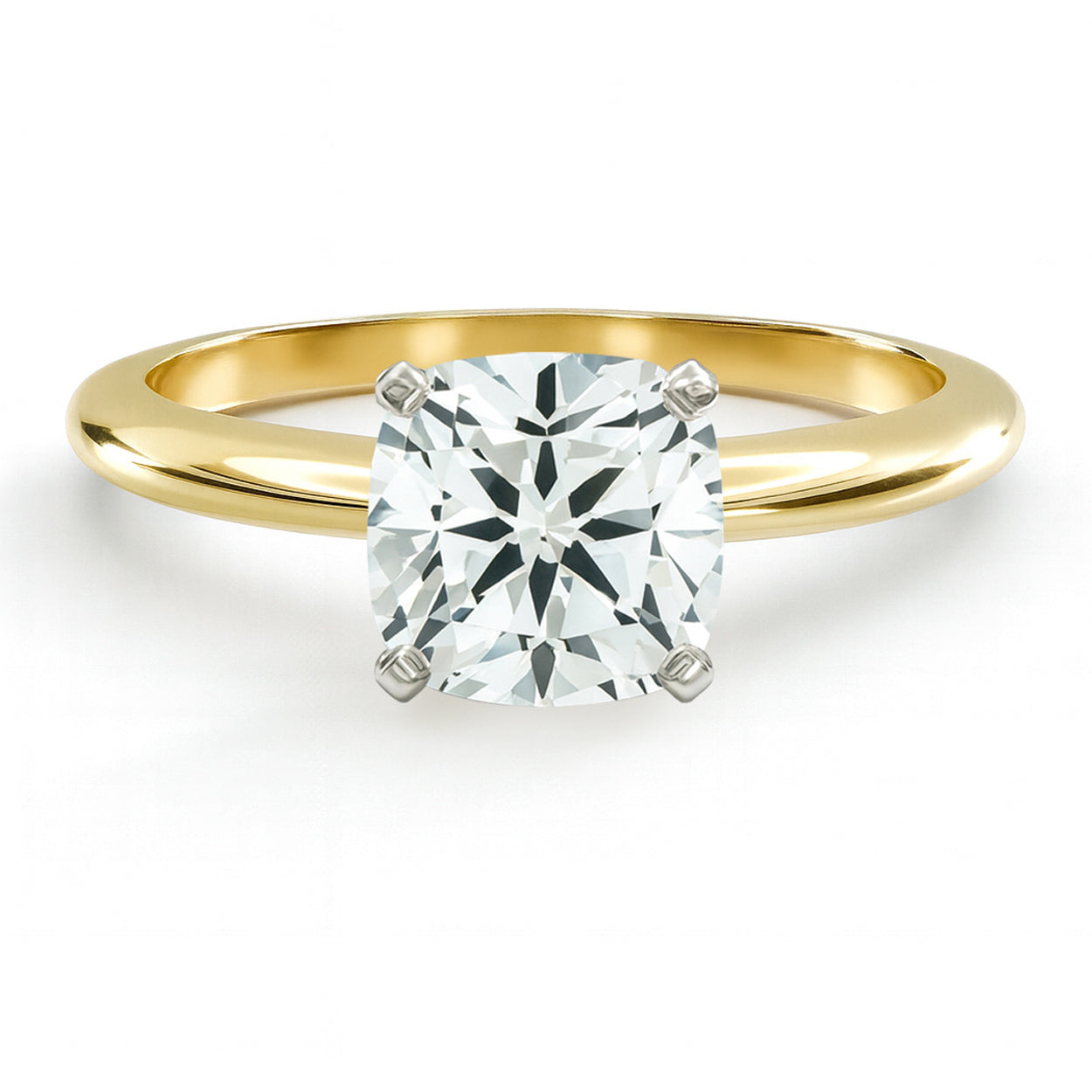 Cushion cut diamond yellow gold classic solitaire engagement ring front view