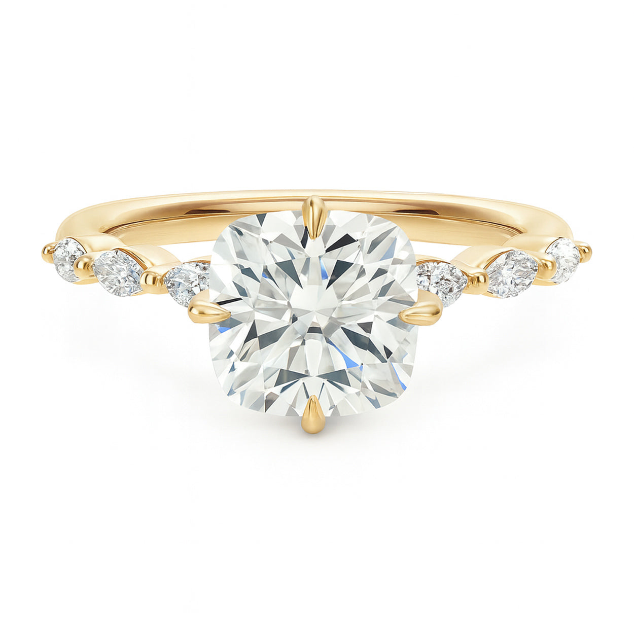 Cushion cut diamond yellow gold marquise accent engagement ring front view