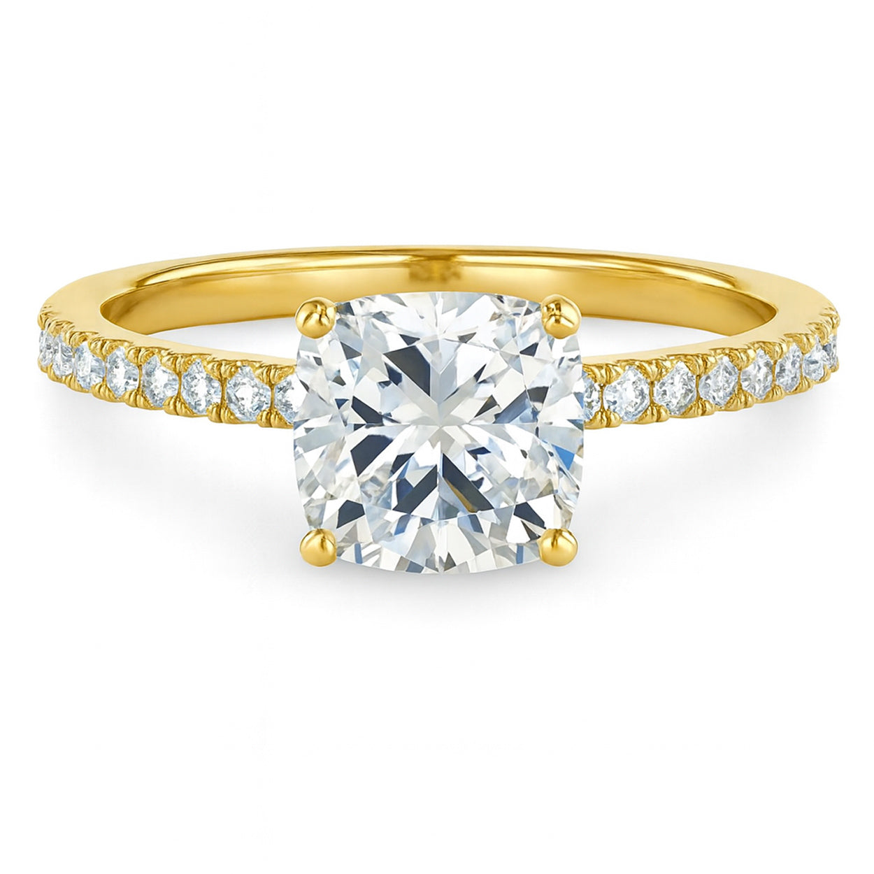 Cushion cut diamond yellow gold pave band engagement ring front view