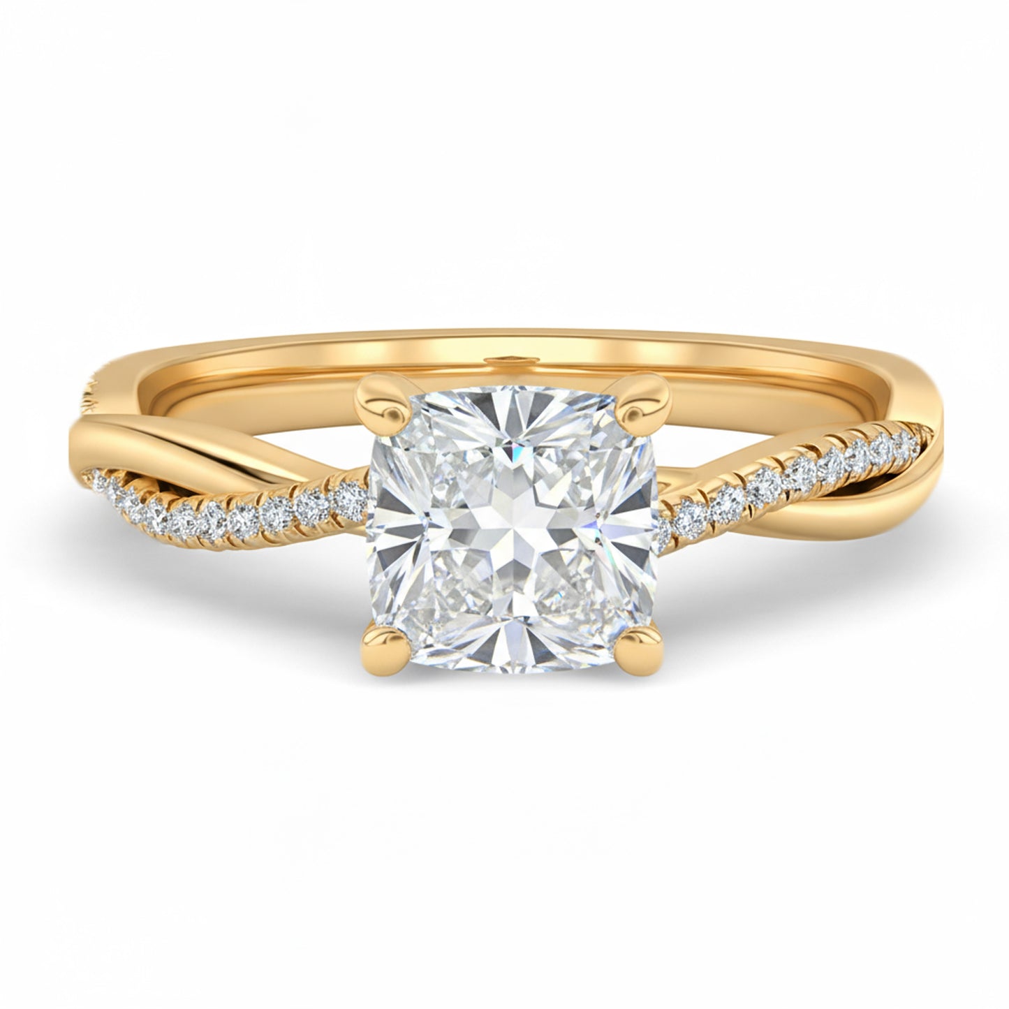 Cushion cut diamond yellow gold twist band engagement ring front view
