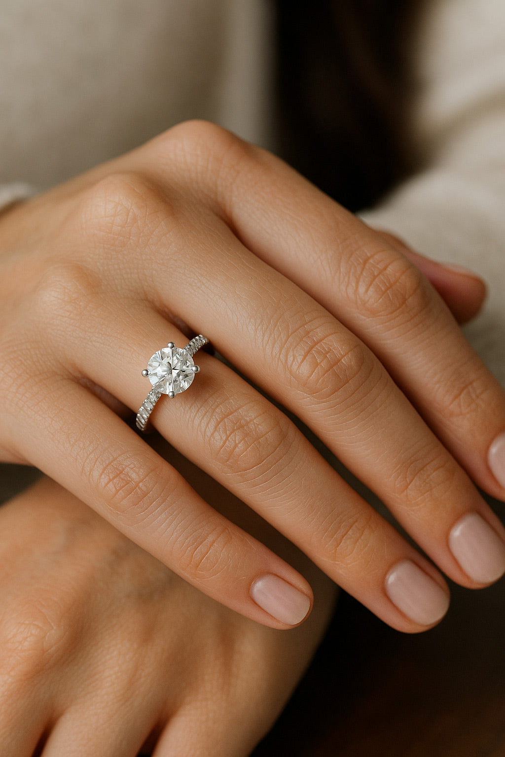 Close-up of diamond engagement ring worn on hand