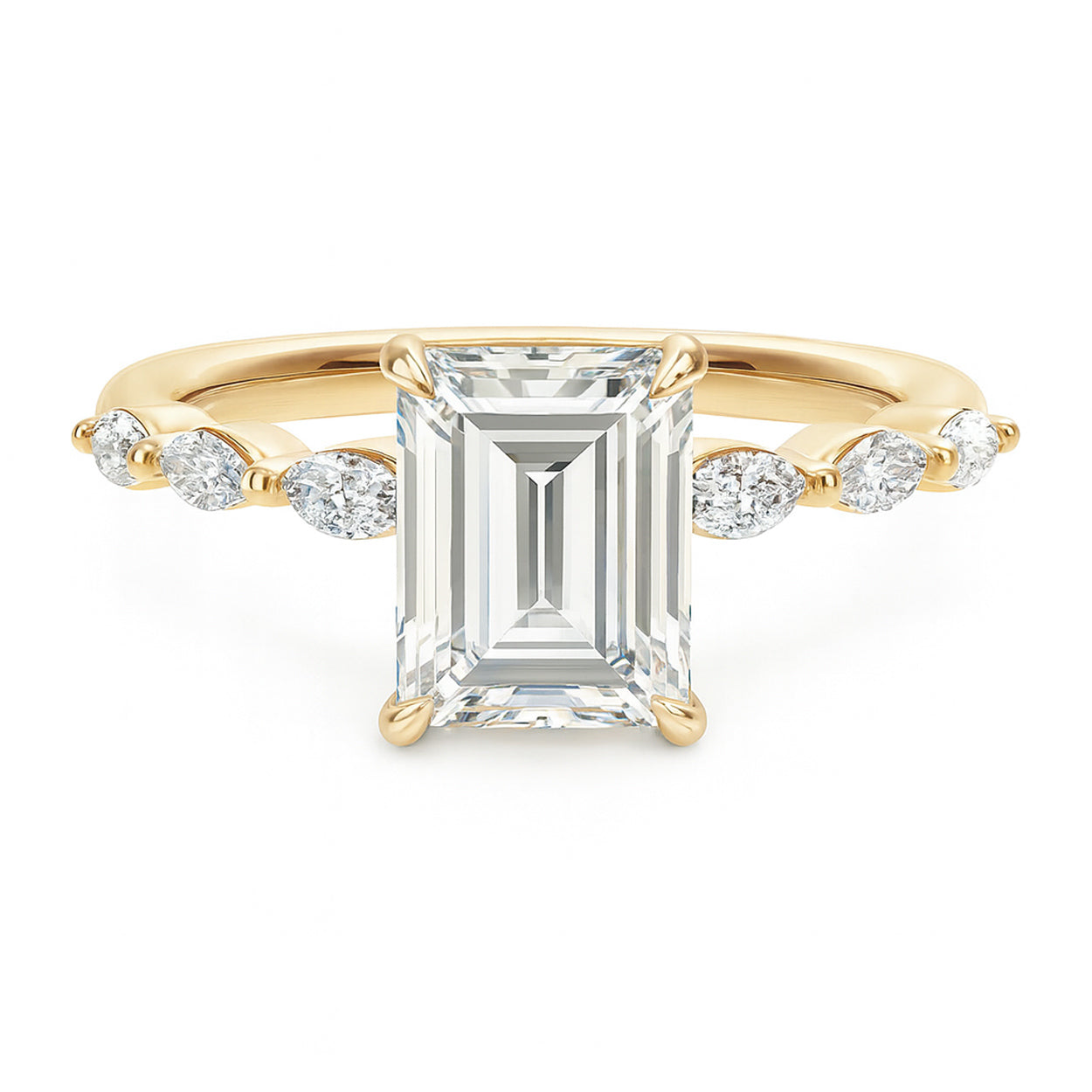 Emerald cut diamond yellow gold marquise accent engagement ring front view