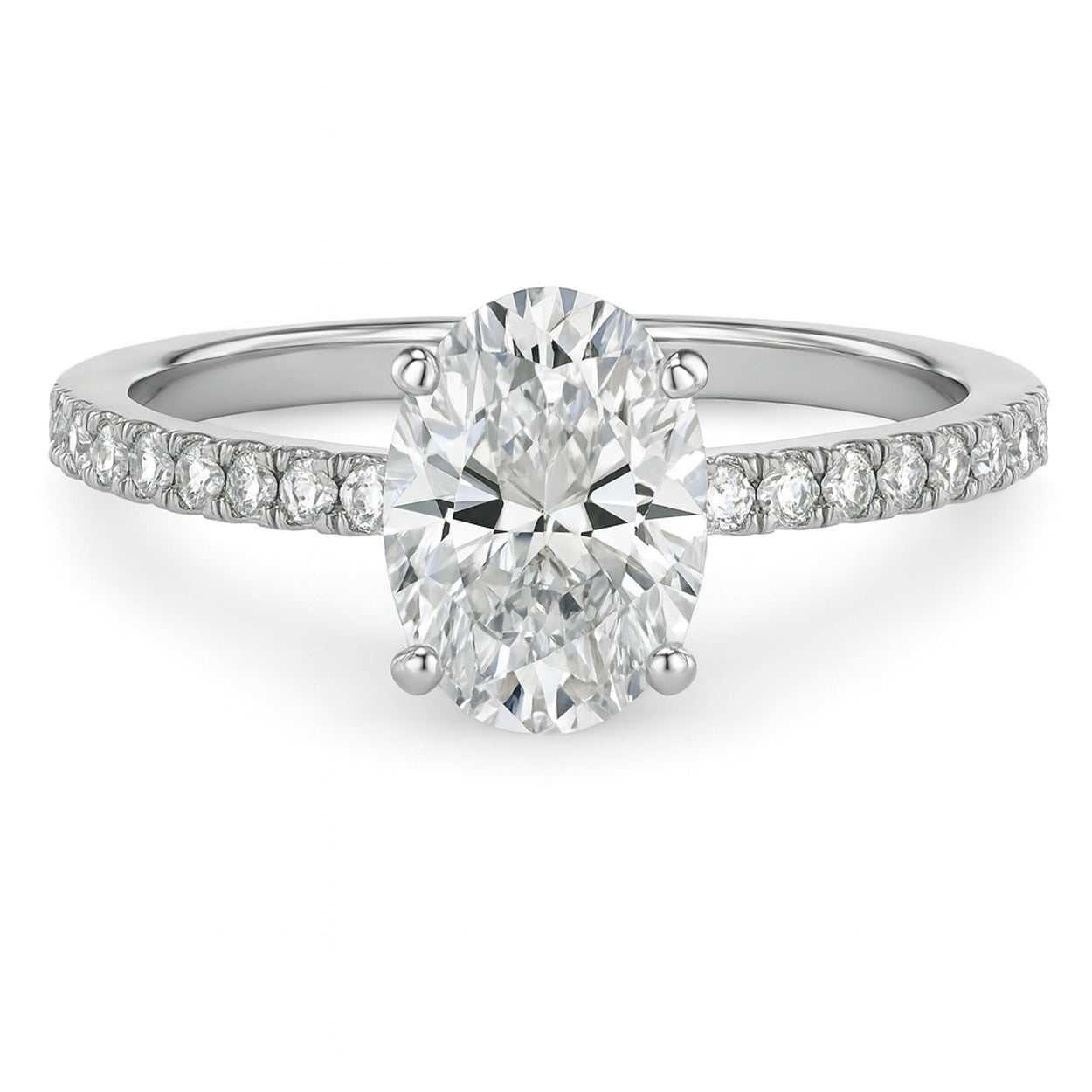 Oval cut diamond white gold pave band engagement ring front view