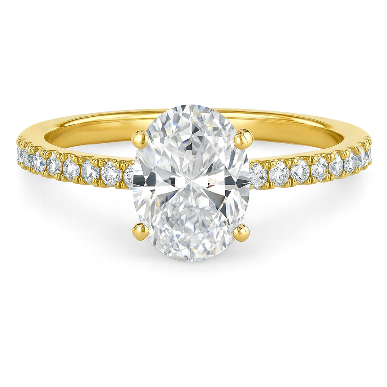 Oval cut diamond yellow gold pave band engagement ring front view