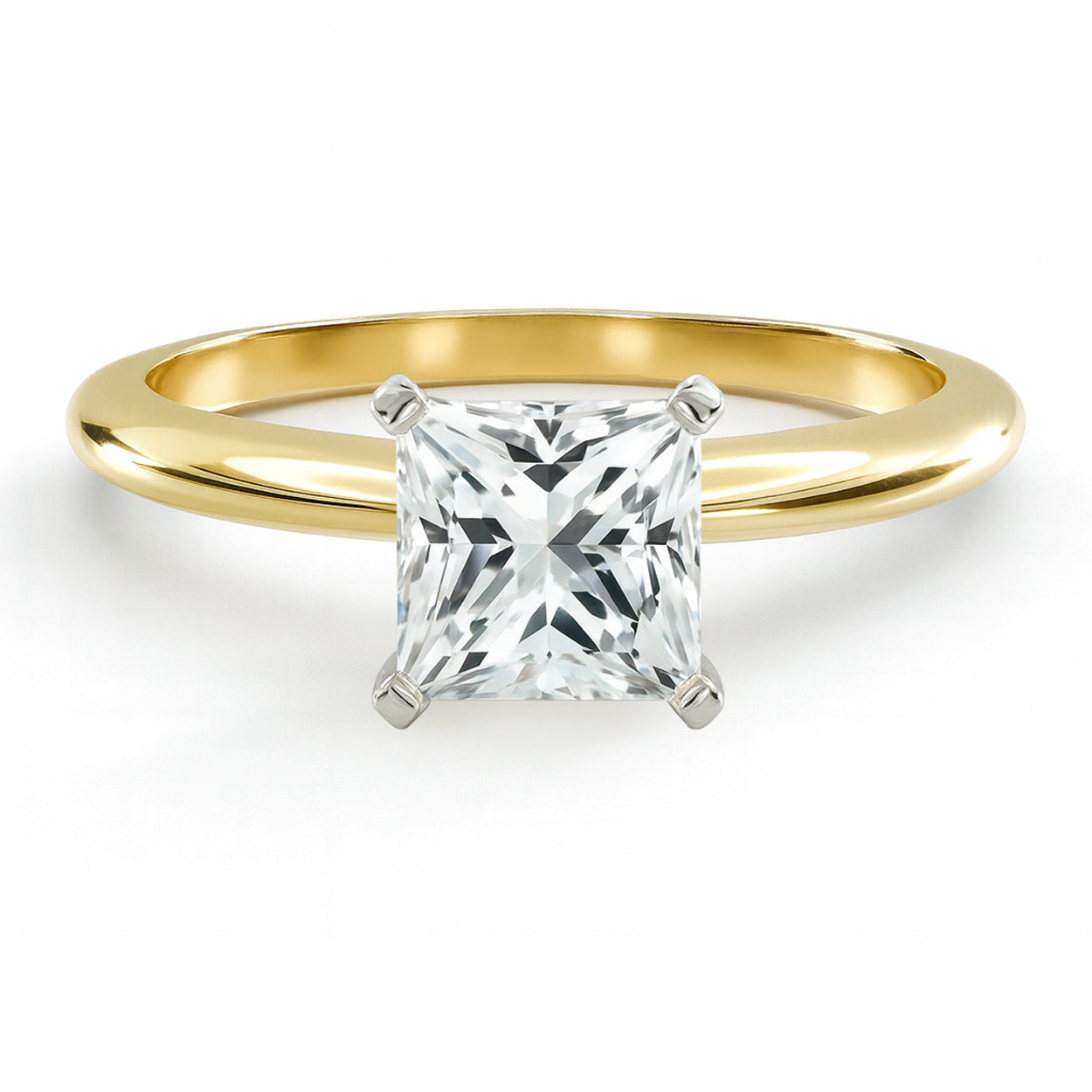 Princess cut diamond yellow gold classic solitaire engagement ring front view