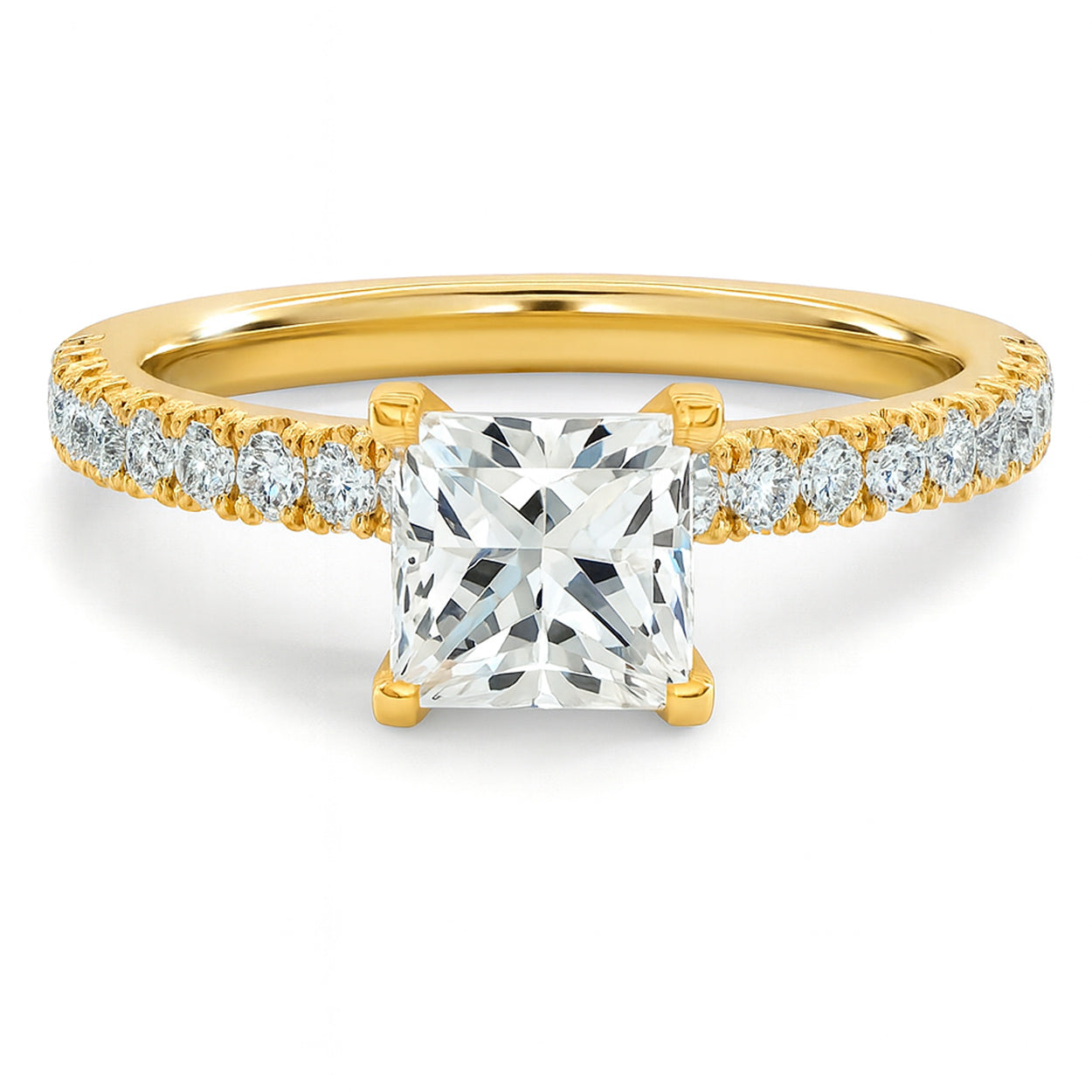 Princess cut diamond yellow gold French pave engagement ring front view