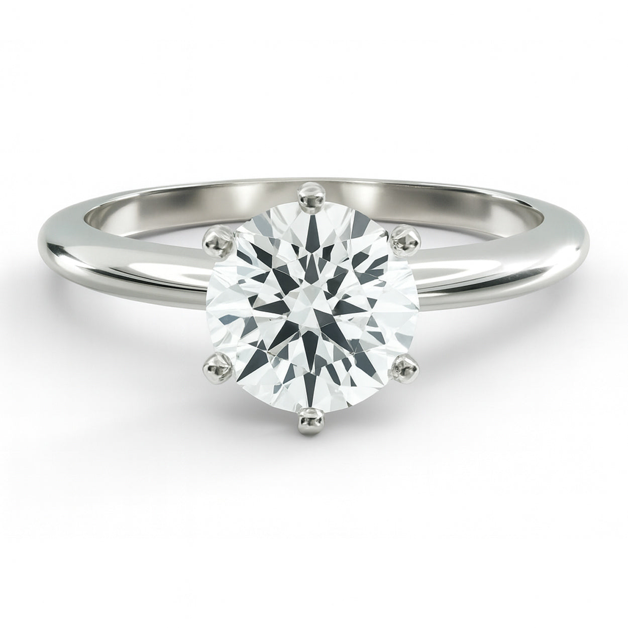 Round cut diamond white gold six prong solitaire engagement ring front view