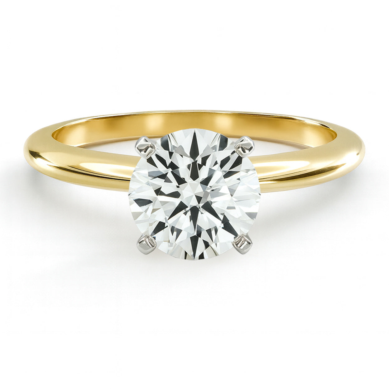 Round cut diamond yellow gold classic solitaire engagement ring front view