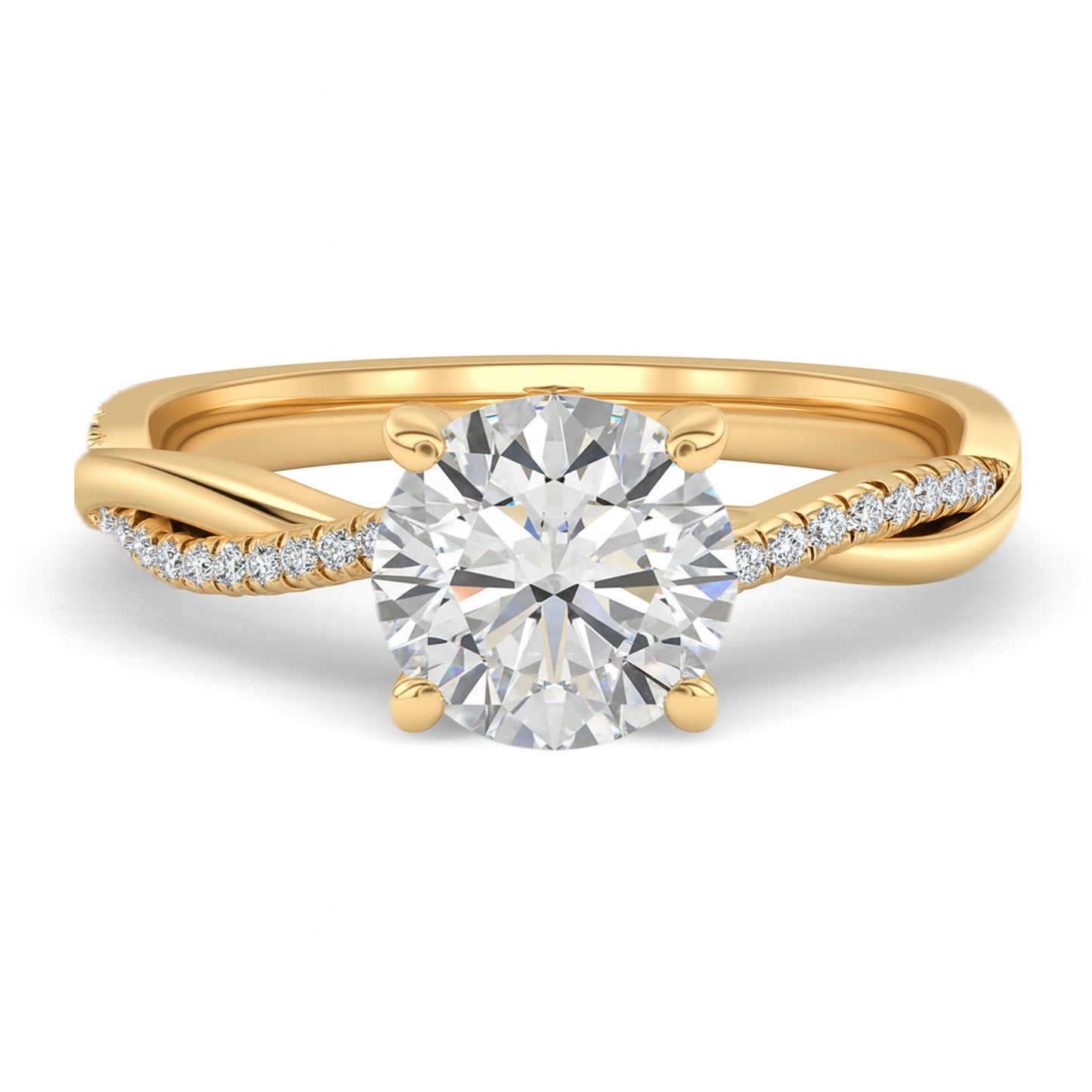 Round cut diamond yellow gold twist band engagement ring front view