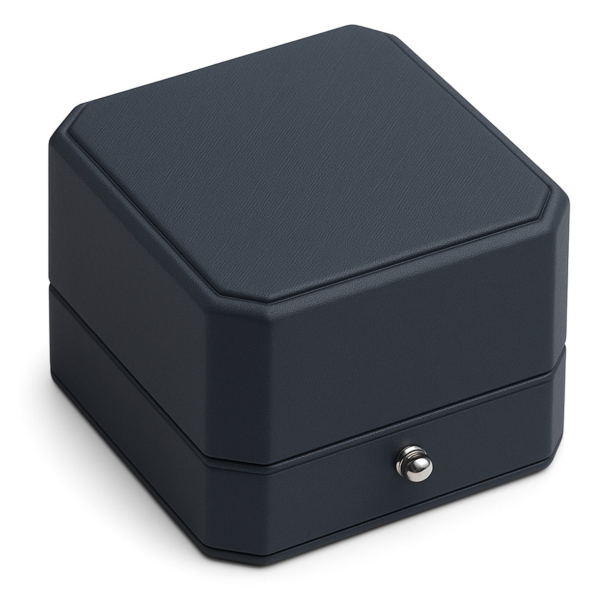 Closed black luxury ring box with grey suede interior and silver button detail