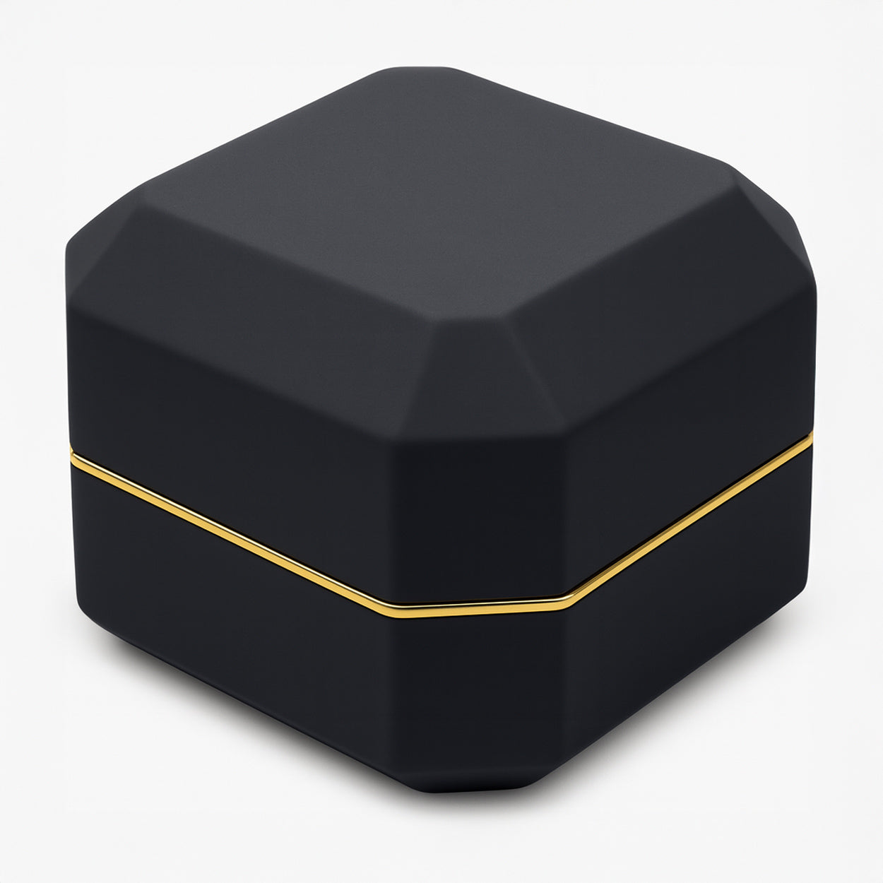 Closed black matte ring box with gold trim