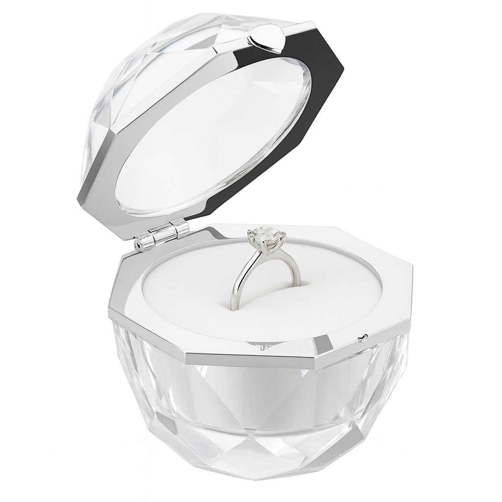 Crystal diamond shaped ring box with engagement ring inside