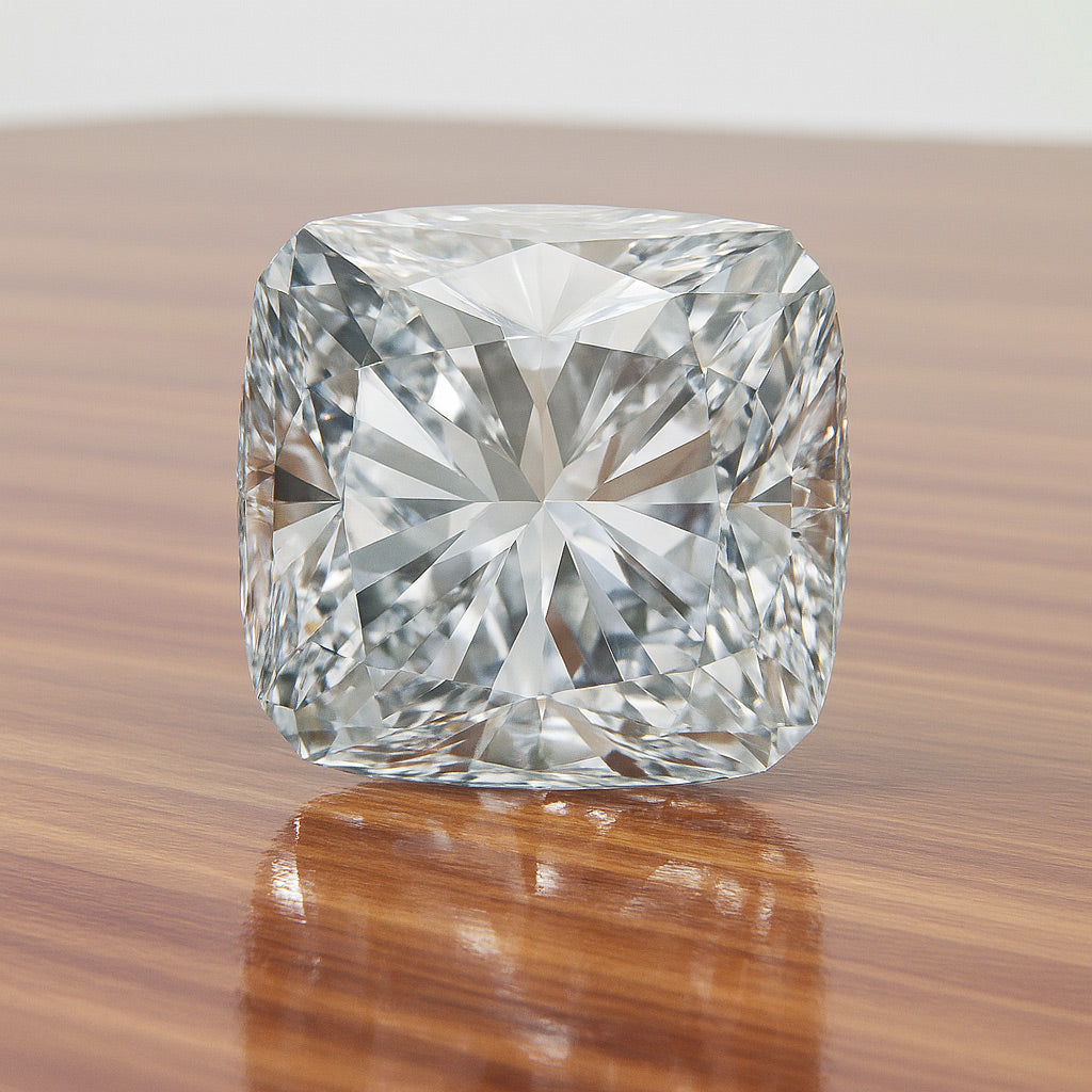 Cushion cut loose diamond displayed on wooden surface