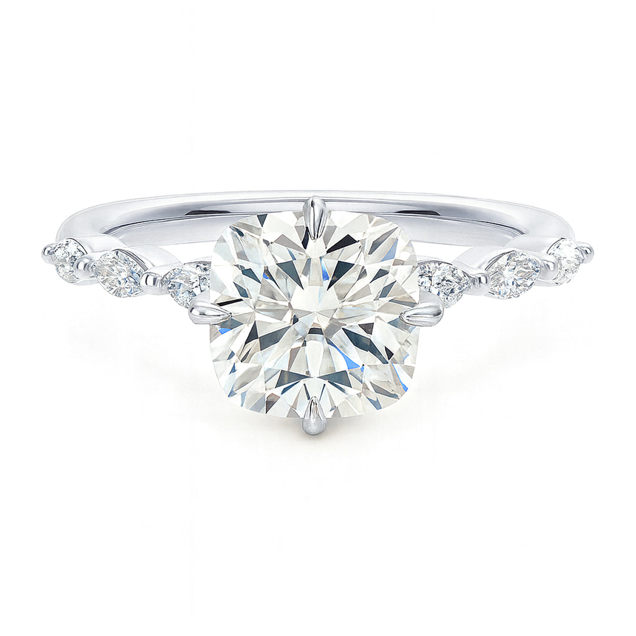 Cushion cut diamond white gold marquise accent engagement ring front view