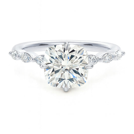 Cushion cut diamond white gold marquise accent engagement ring front view
