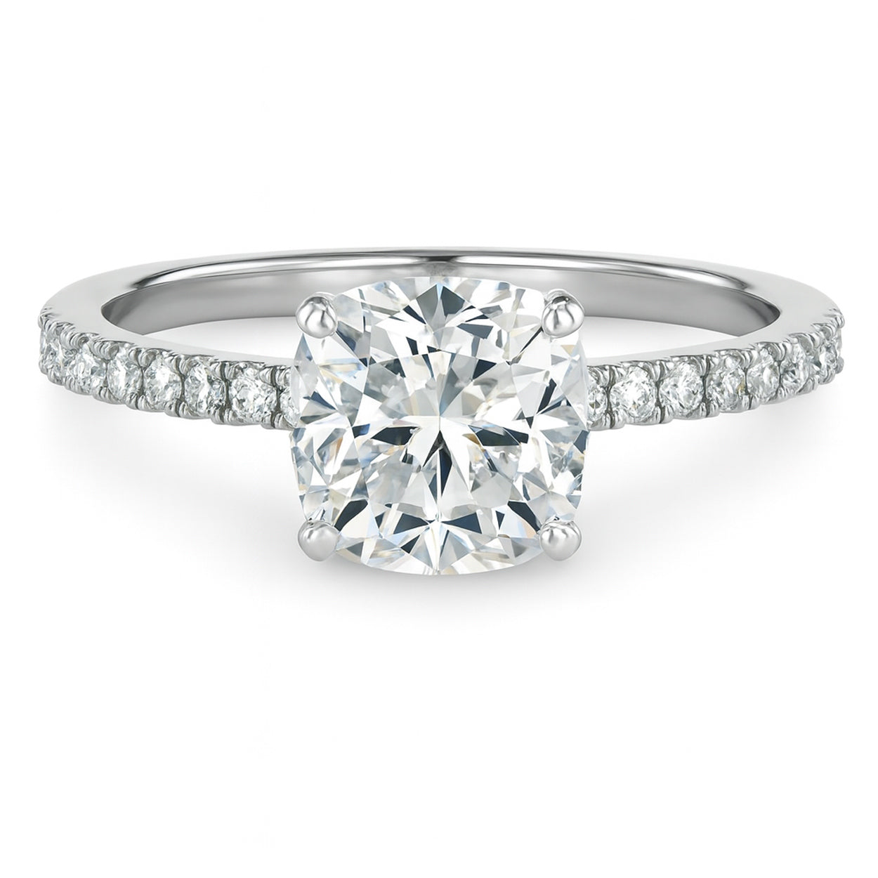 Cushion cut diamond white gold pave band engagement ring front view