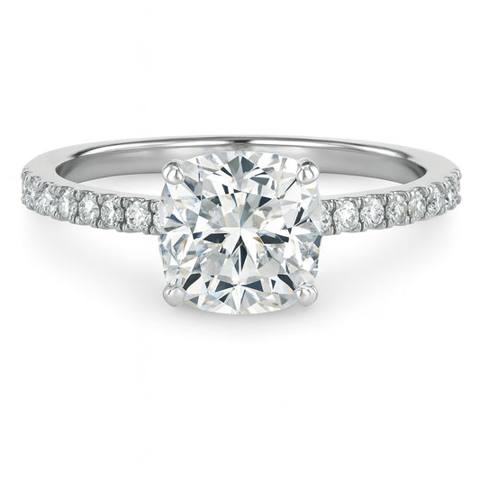 Cushion cut diamond white gold pave band engagement ring front view