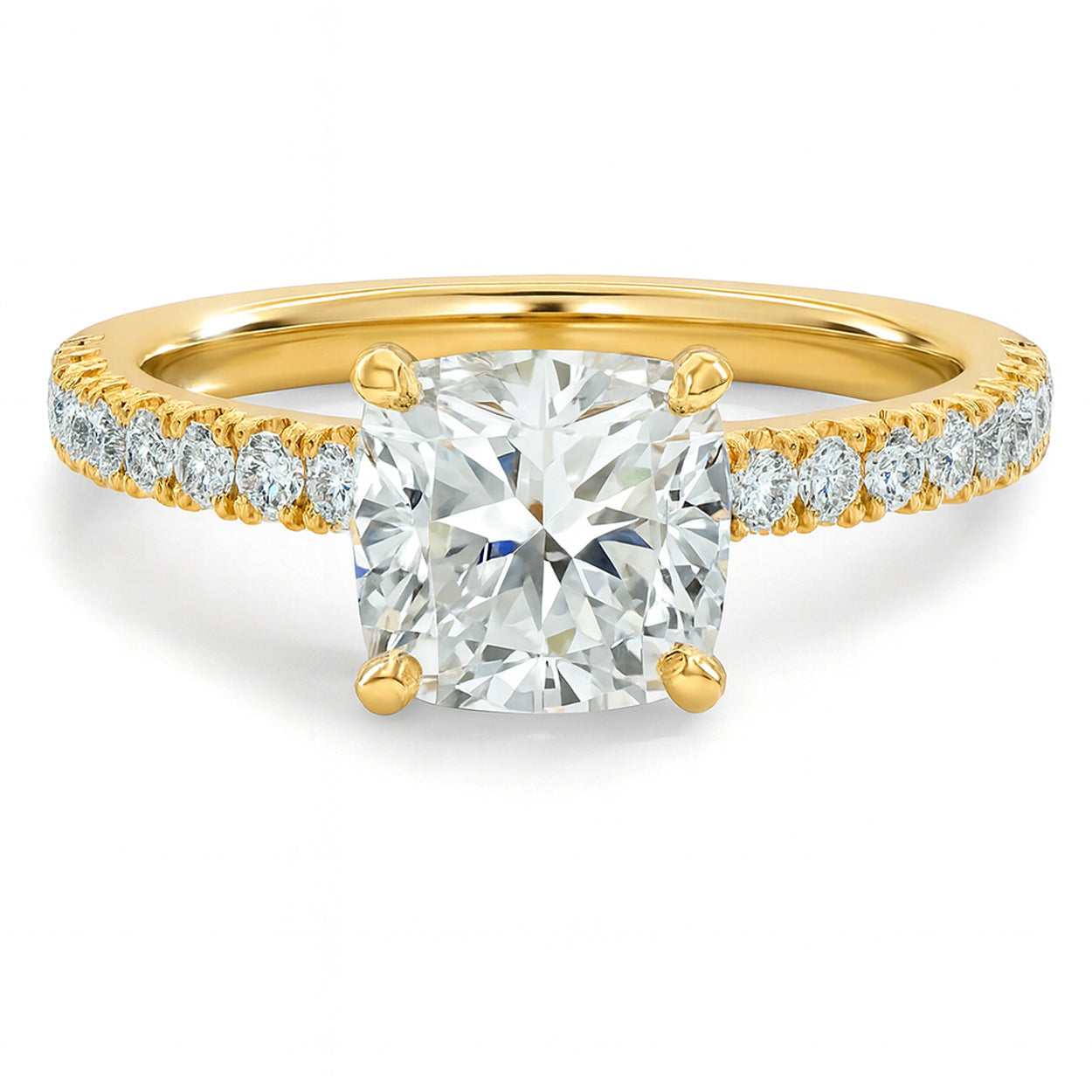 Cushion cut diamond yellow gold French pave engagement ring front view