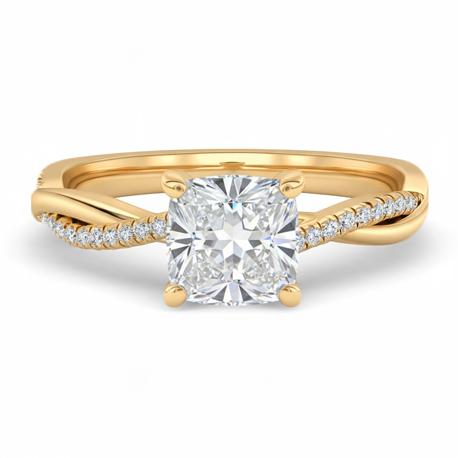 Cushion cut diamond yellow gold twist band engagement ring front view