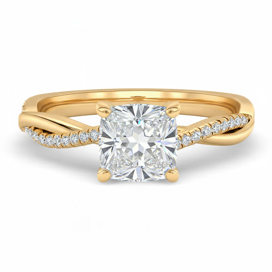 Cushion cut diamond yellow gold twist band engagement ring front view