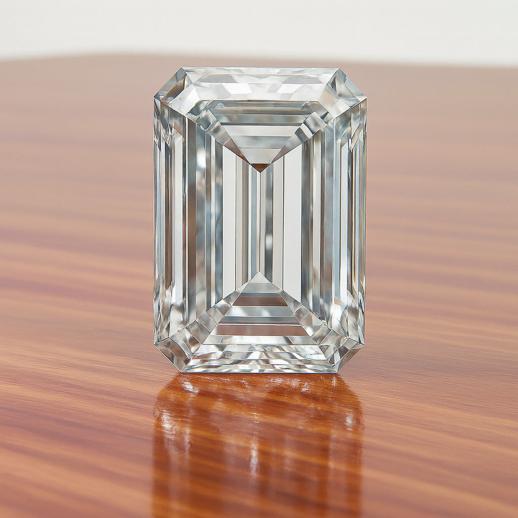Emerald cut loose diamond displayed on dark background surface