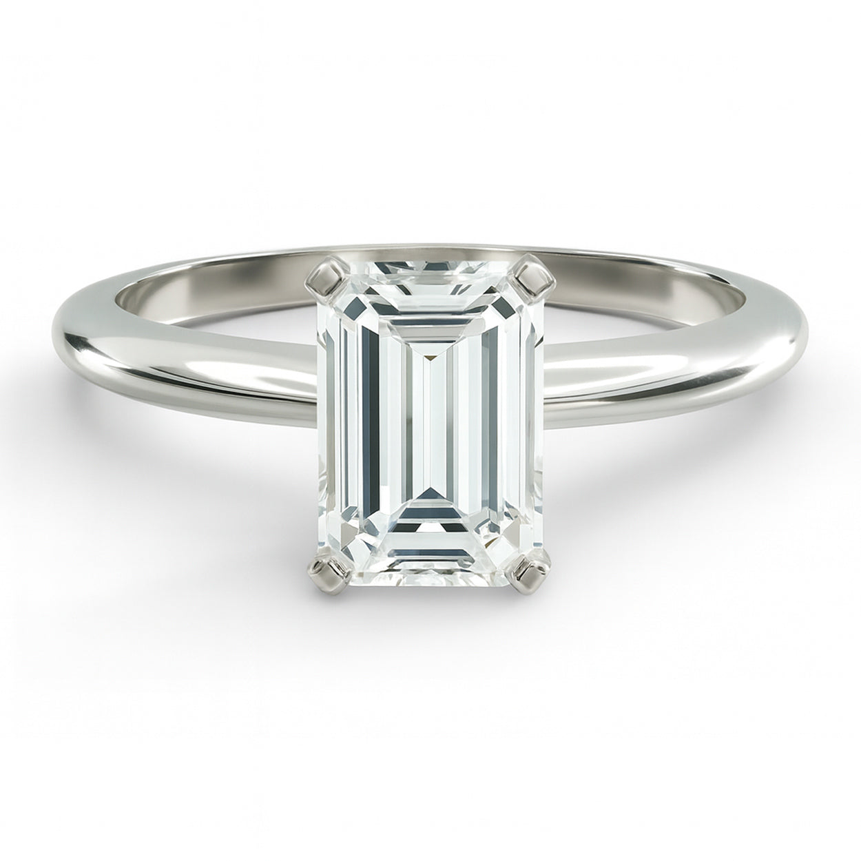 Emerald cut diamond white gold classic solitaire engagement ring front view
