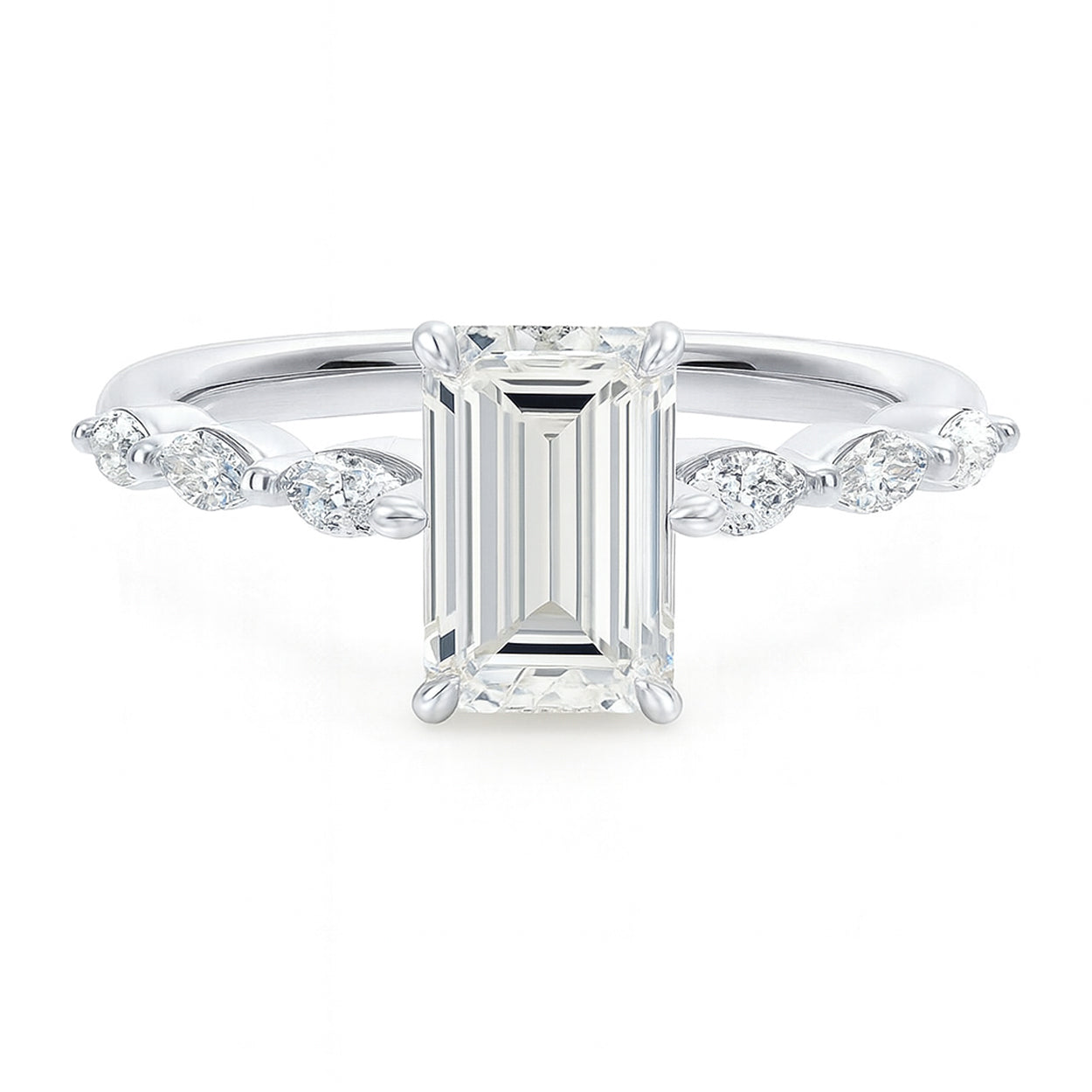 Emerald cut diamond white gold marquise accent engagement ring front view