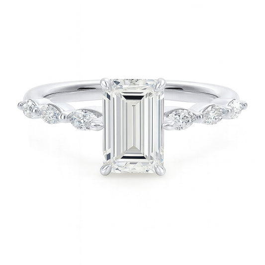 Emerald cut diamond white gold marquise accent engagement ring front view