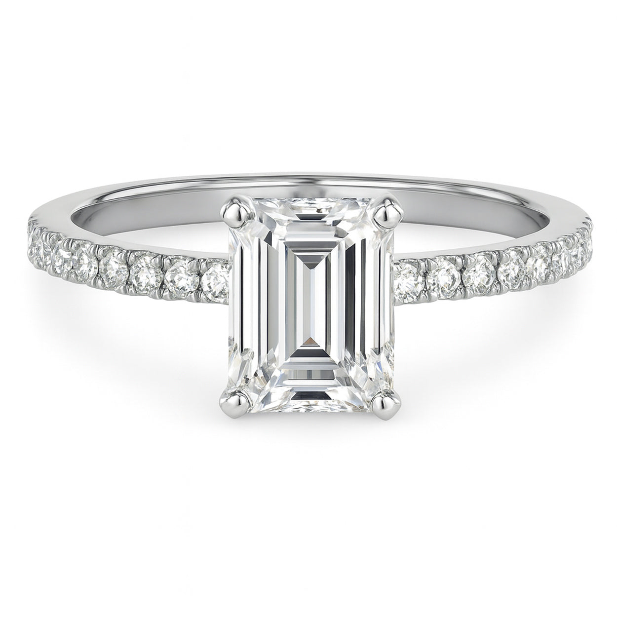 Emerald cut diamond white gold pave band engagement ring front view