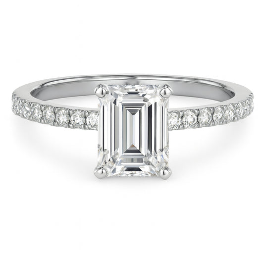 Emerald cut diamond white gold pave band engagement ring front view