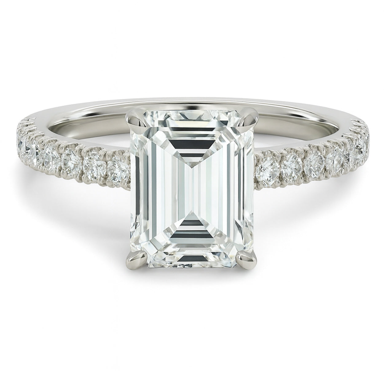 Emerald cut diamond white gold petite French pave engagement ring front view