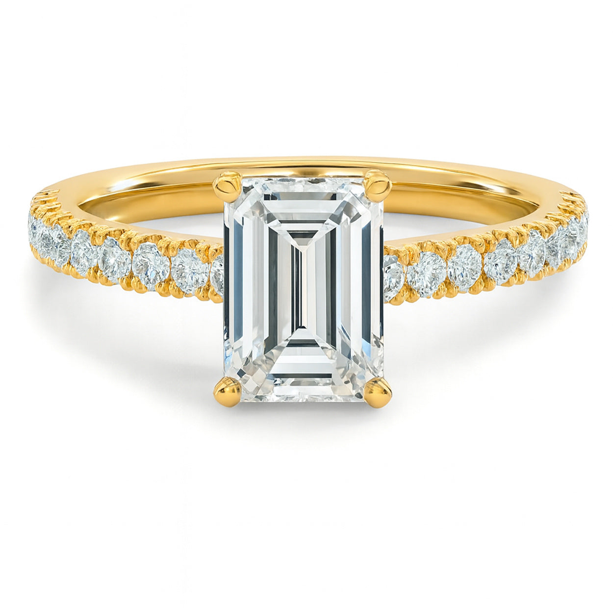 Emerald cut diamond yellow gold French pave engagement ring front view