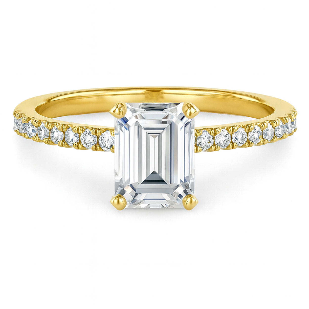 Emerald cut diamond yellow gold pave band engagement ring front view