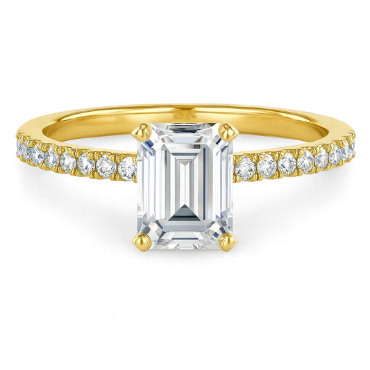 Emerald cut diamond yellow gold pave band engagement ring front view