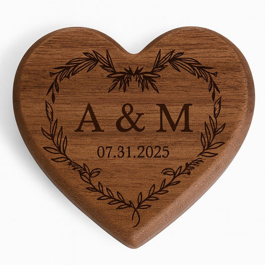 Engraved heart shaped walnut ring box with initials and date on lid
