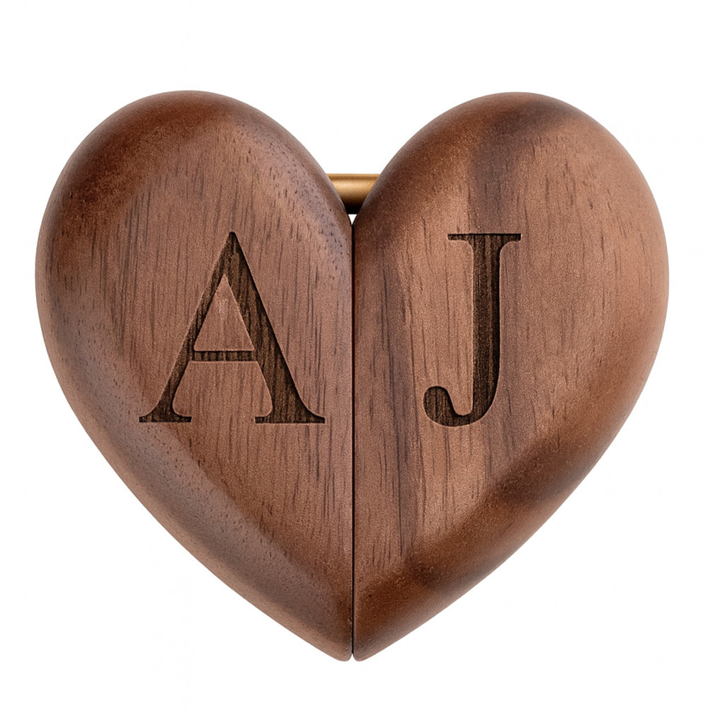 Engraved heart shaped wooden ring box with initials on lid