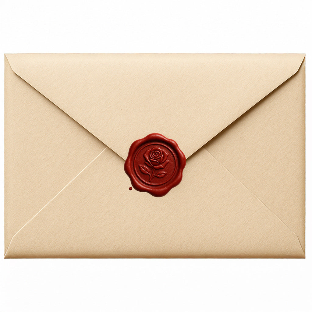 Envelope sealed with red wax rose stamp holding a love letter