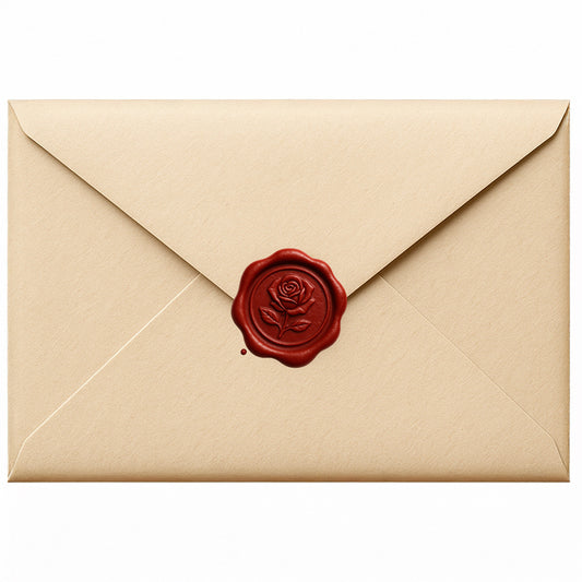 Envelope sealed with red wax rose stamp holding a love letter