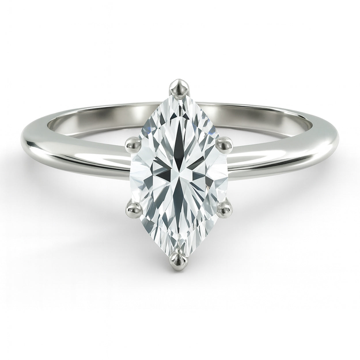 Marquise cut diamond white gold six prong solitaire engagement ring front view