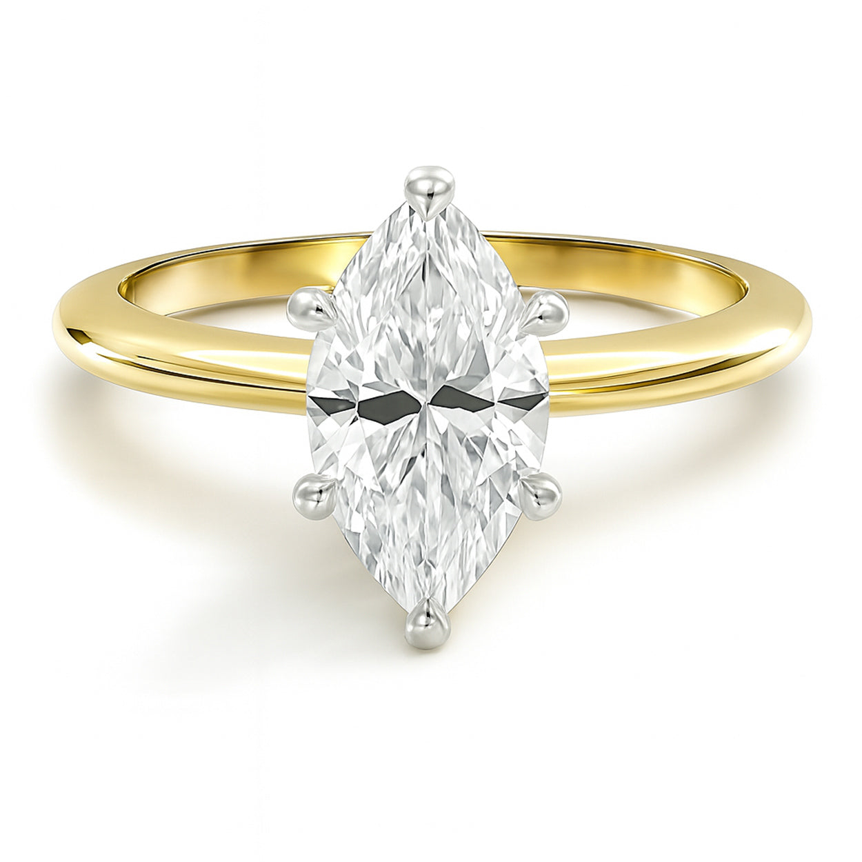 Marquise cut diamond yellow gold six prong solitaire engagement ring front view