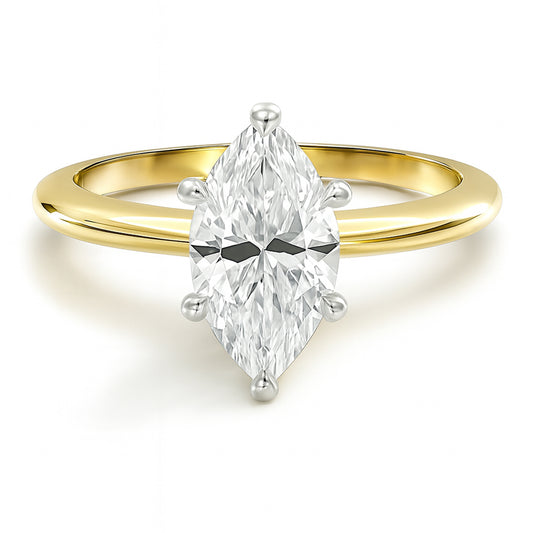 Marquise cut diamond yellow gold six prong solitaire engagement ring front view