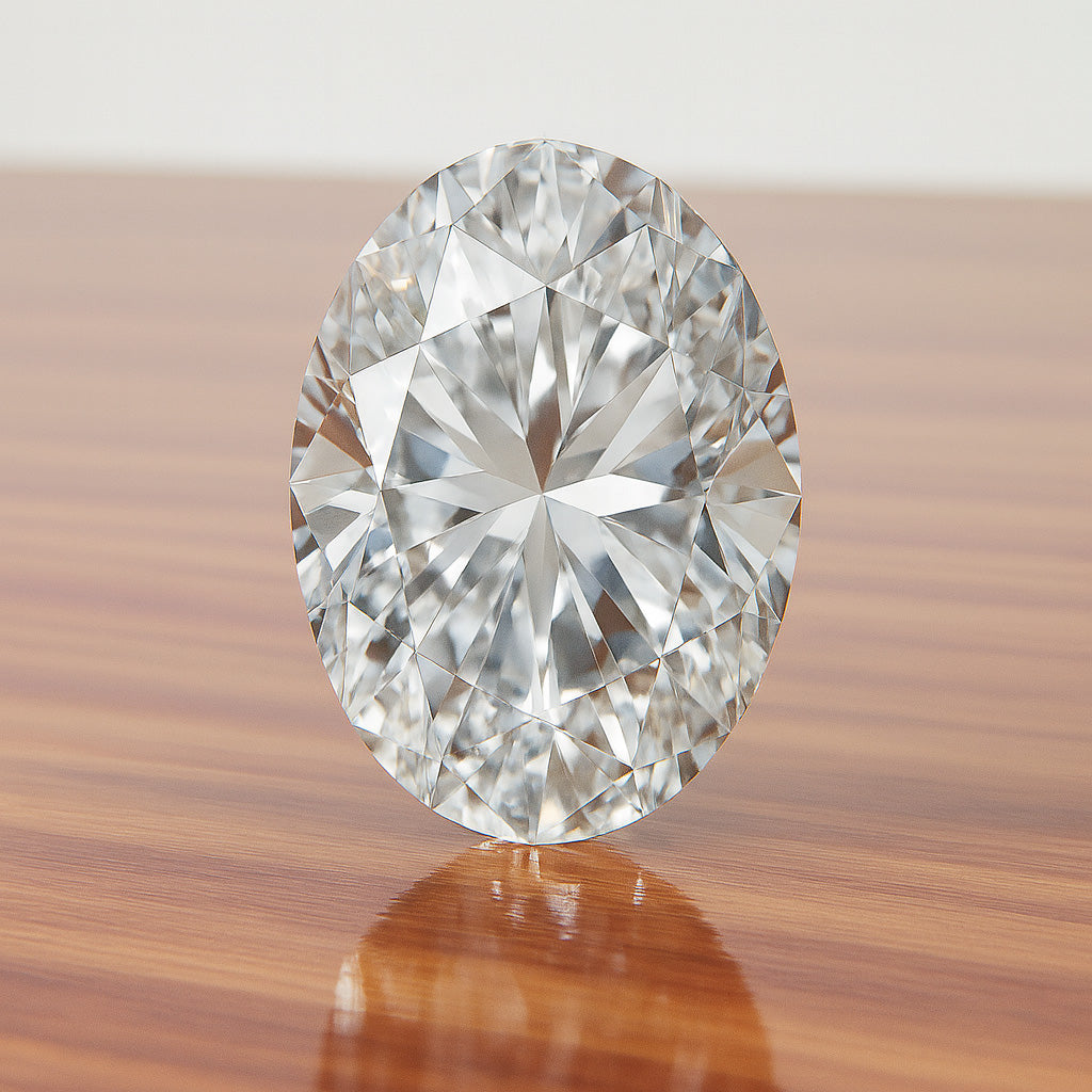 Oval cut loose diamond displayed on dark background surface