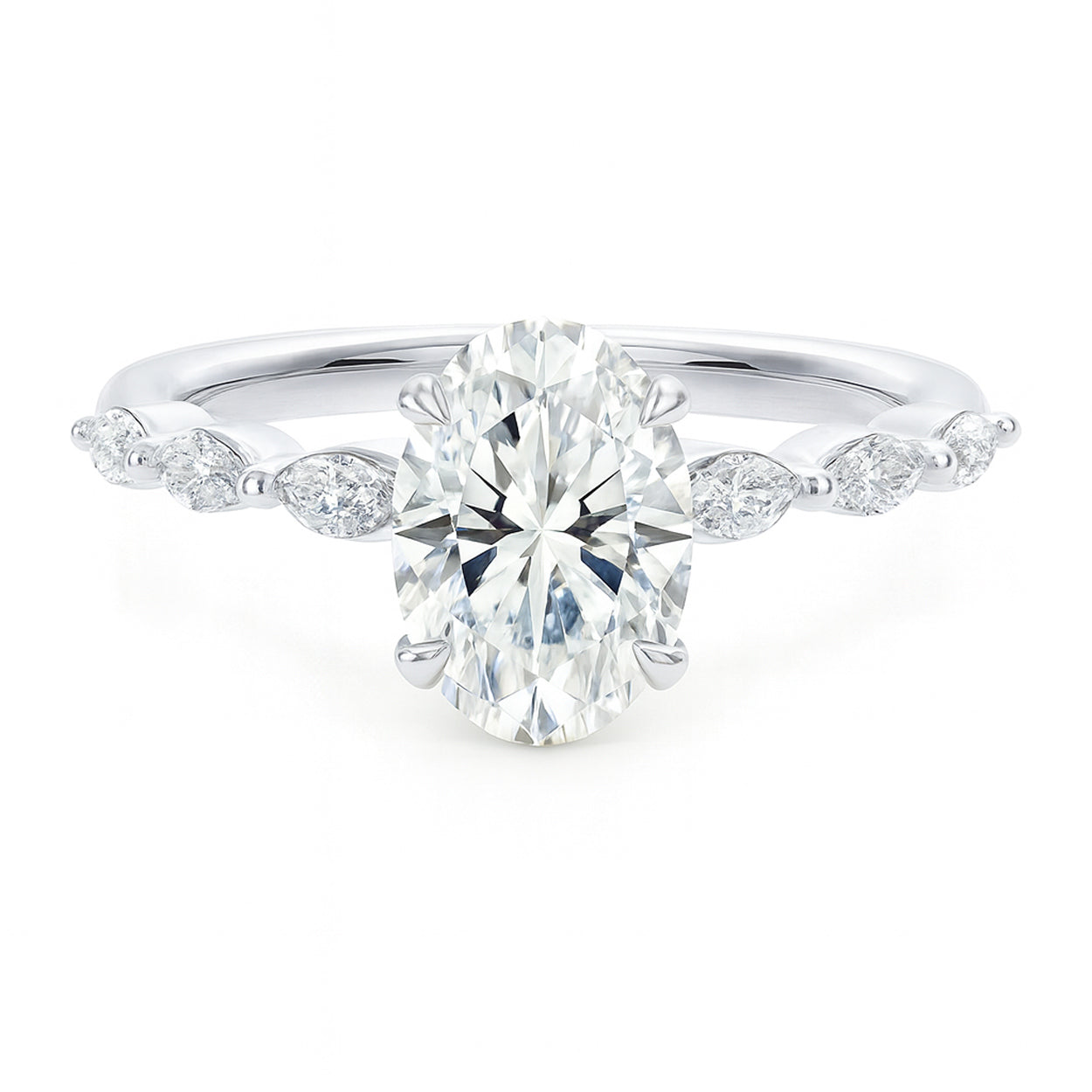 Oval cut diamond white gold marquise accent engagement ring front view