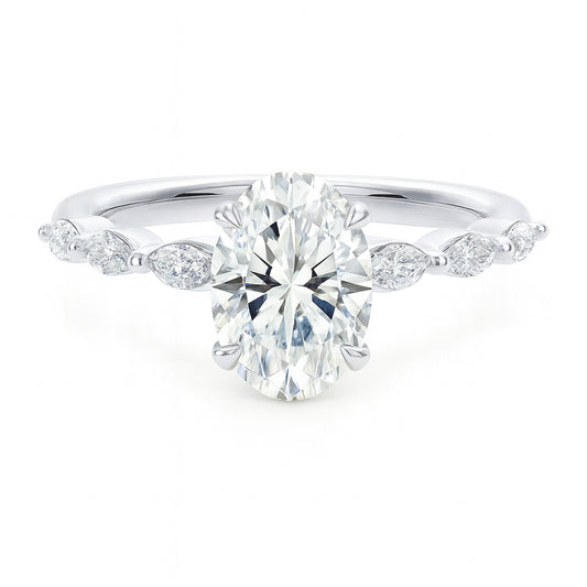 Oval cut diamond white gold marquise accent engagement ring front view