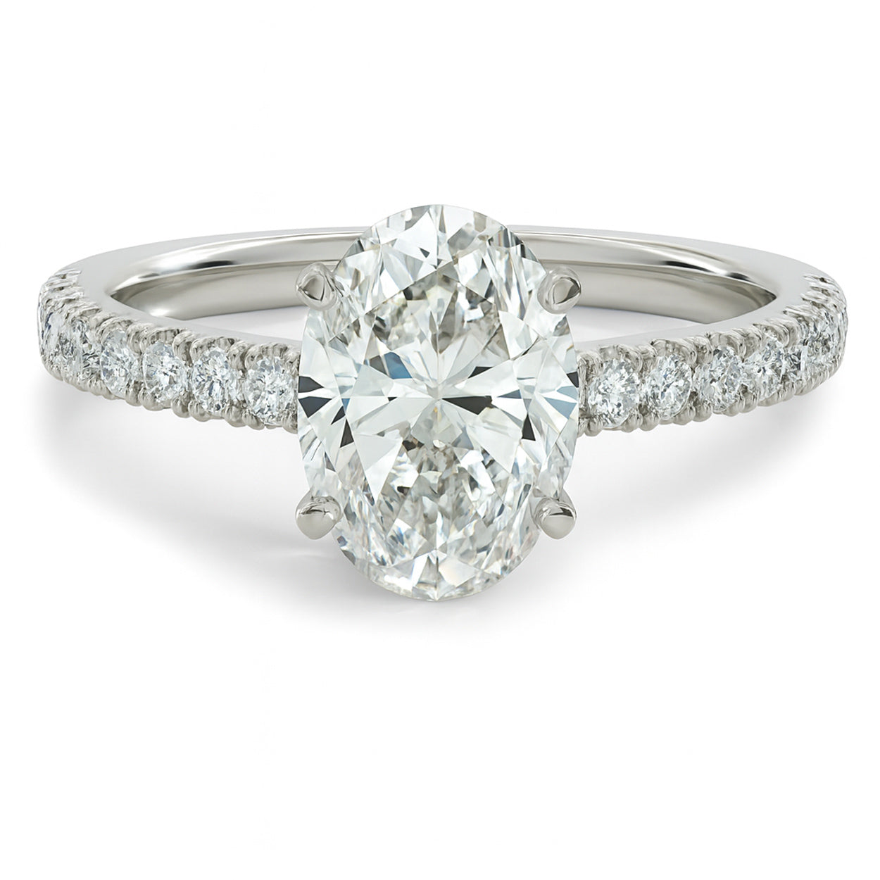 Oval cut diamond white gold petite French pave engagement ring front view