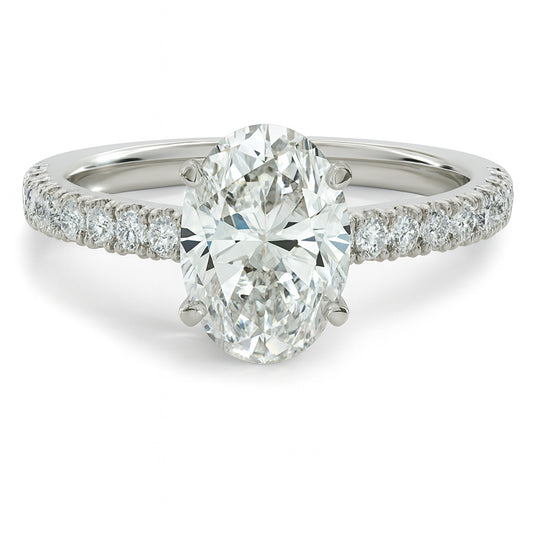 Oval cut diamond white gold petite French pave engagement ring front view