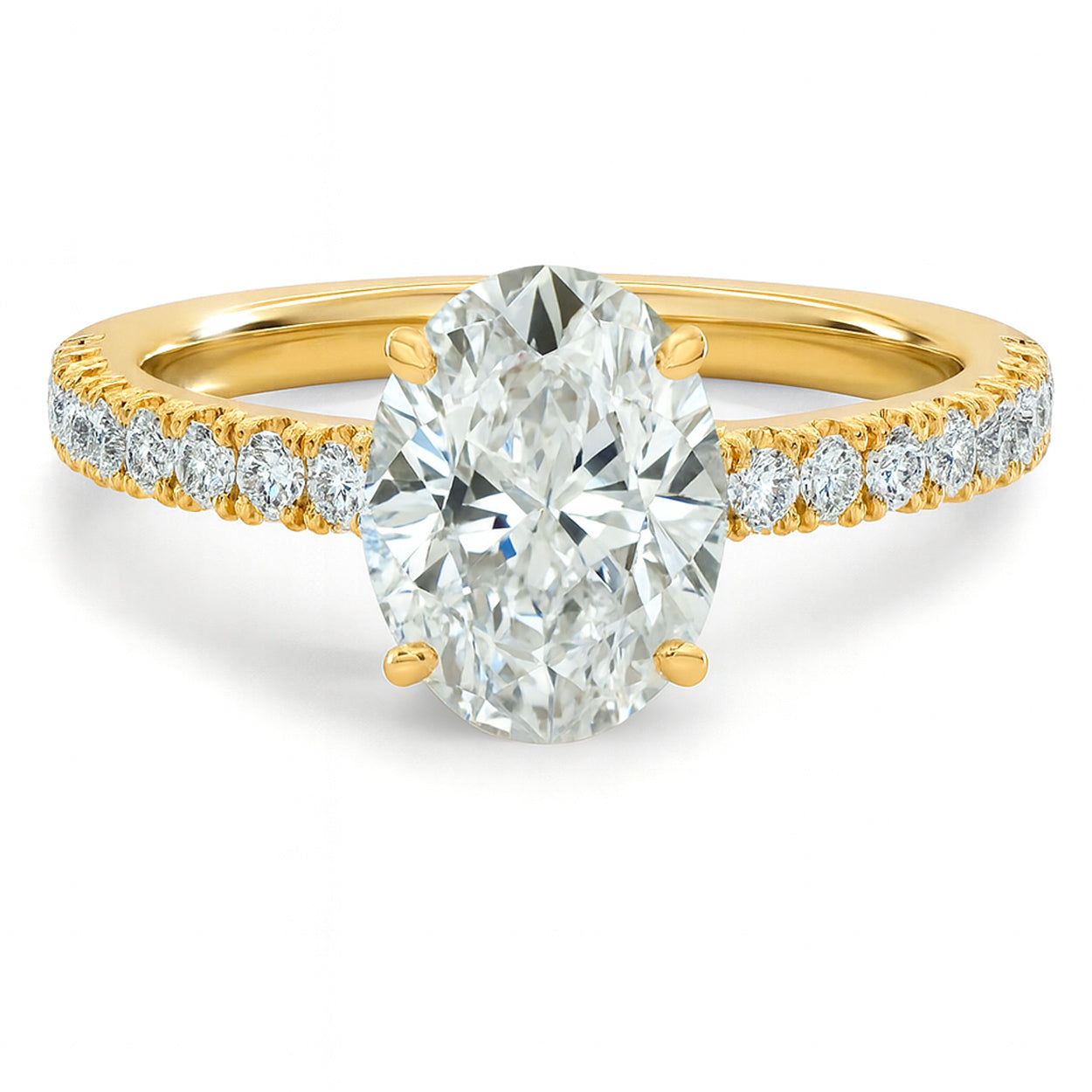 Oval cut diamond yellow gold French pave engagement ring front view