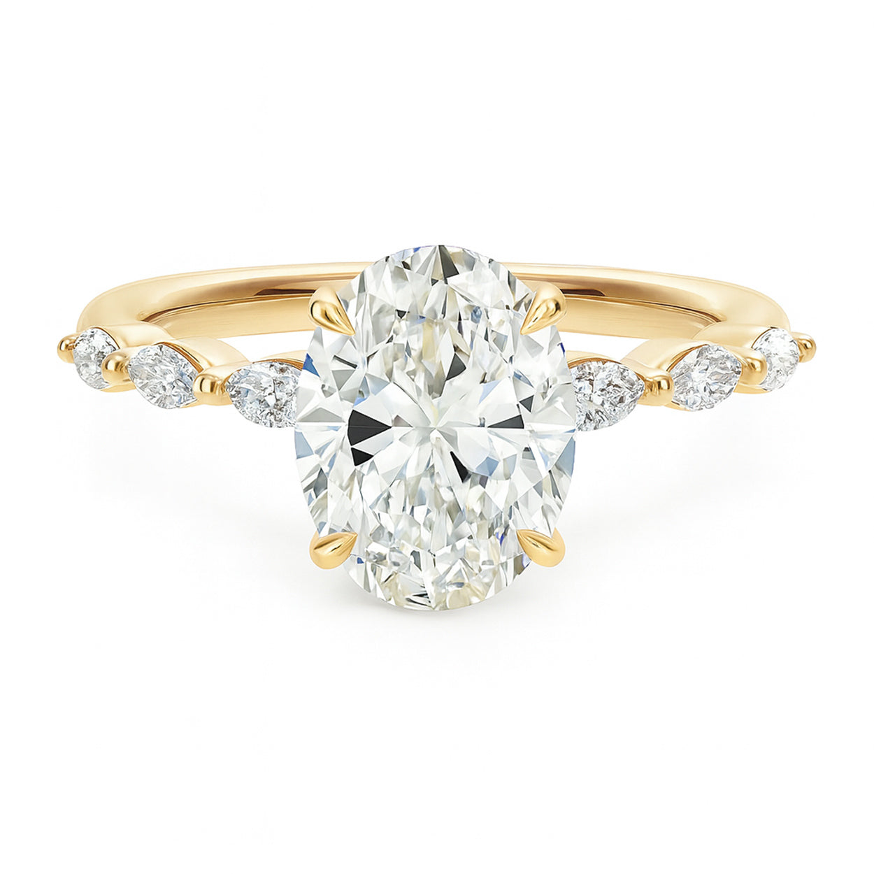 Oval cut diamond yellow gold marquise accent engagement ring front view