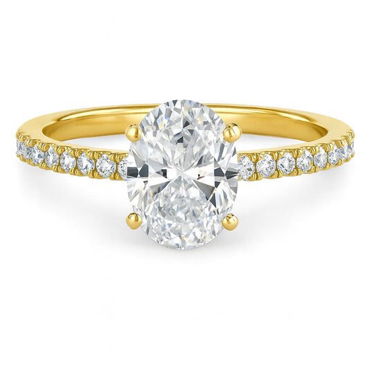 Oval cut diamond yellow gold pave band engagement ring front view
