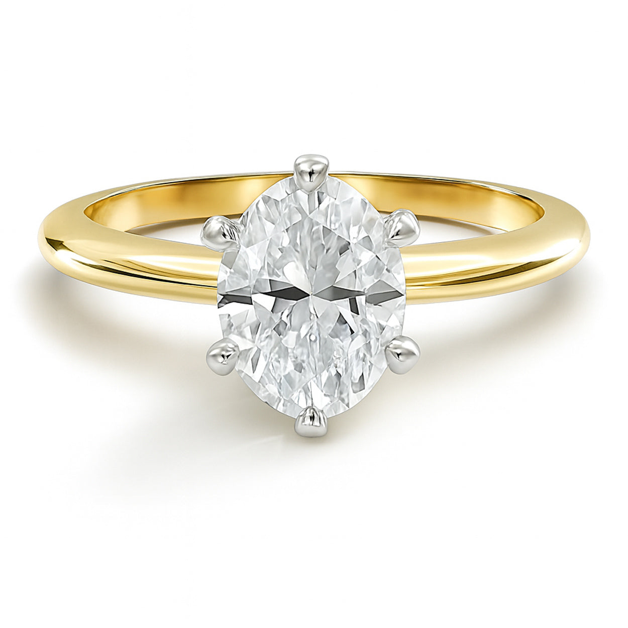 Oval cut diamond yellow gold six prong solitaire engagement ring front view